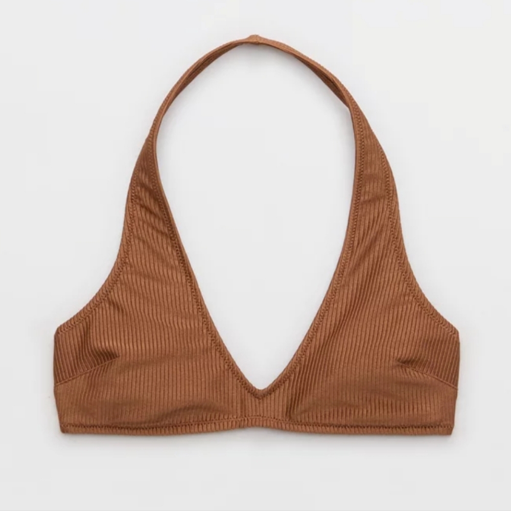 aerie Ribbed Halter Bikini Top in Warm Brown